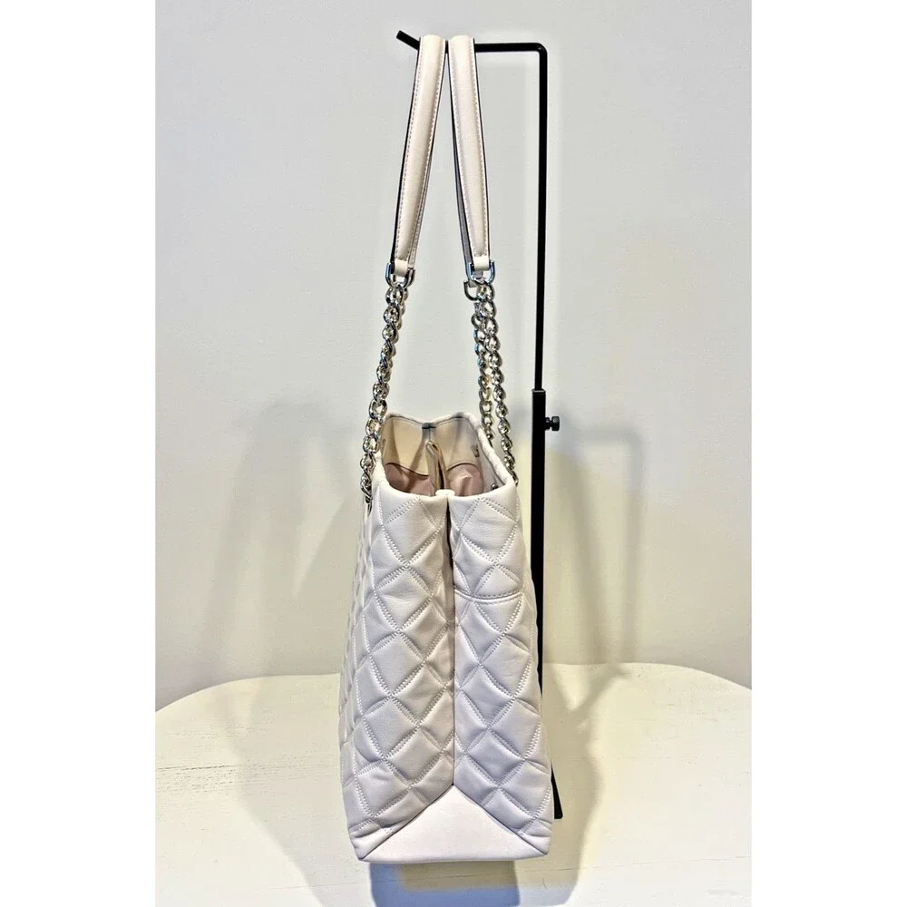 Kate Spade Carey Quilted Leather Large Tote Bag Chain Shoulder In Parchment